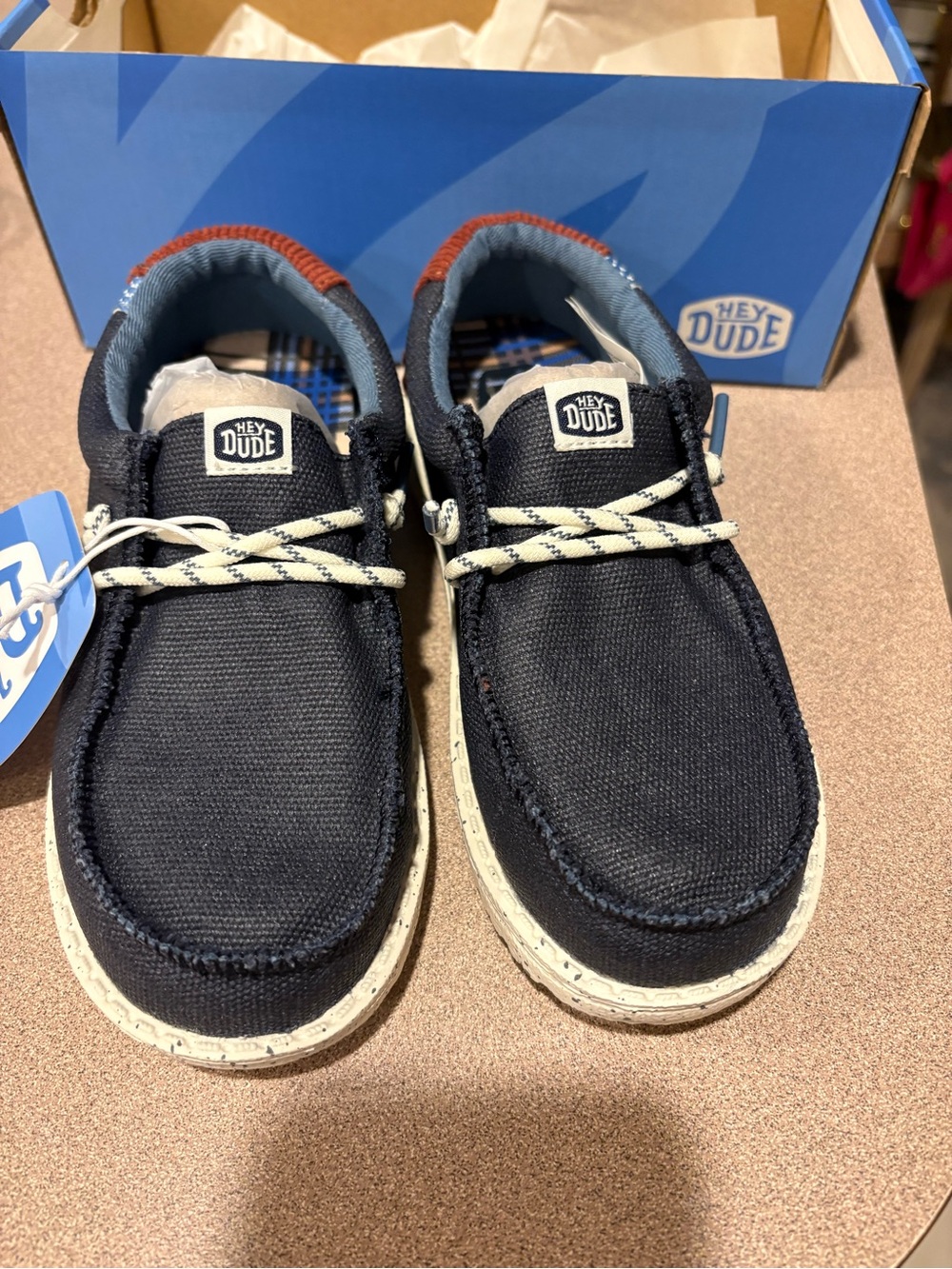 Hey Dude Kids Navy Canvas Sneakers with Cream Laces and Red Heel Trim